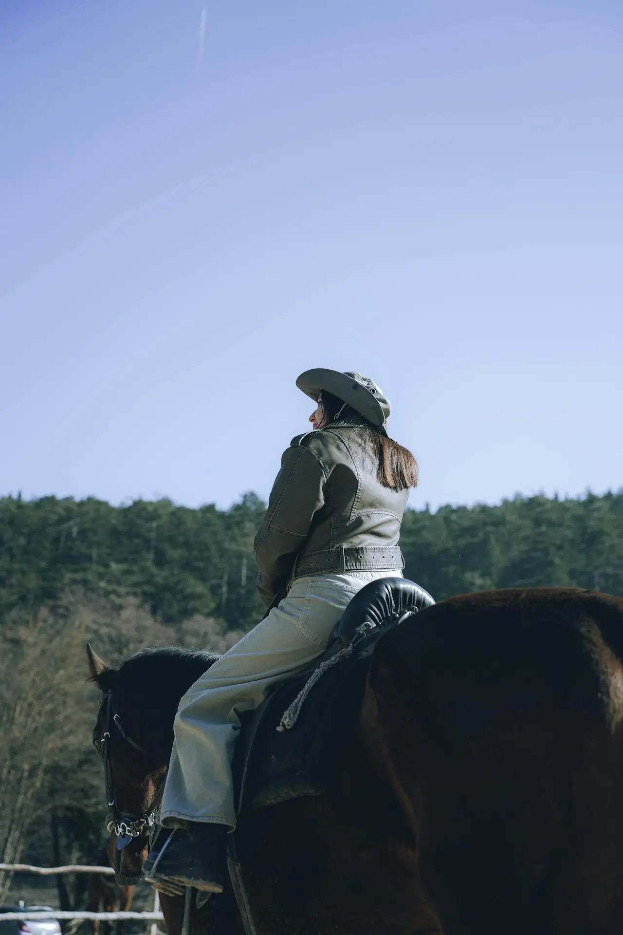 A cowgirl on horseback enjoys a peaceful ride in a forest area under clear skies.
